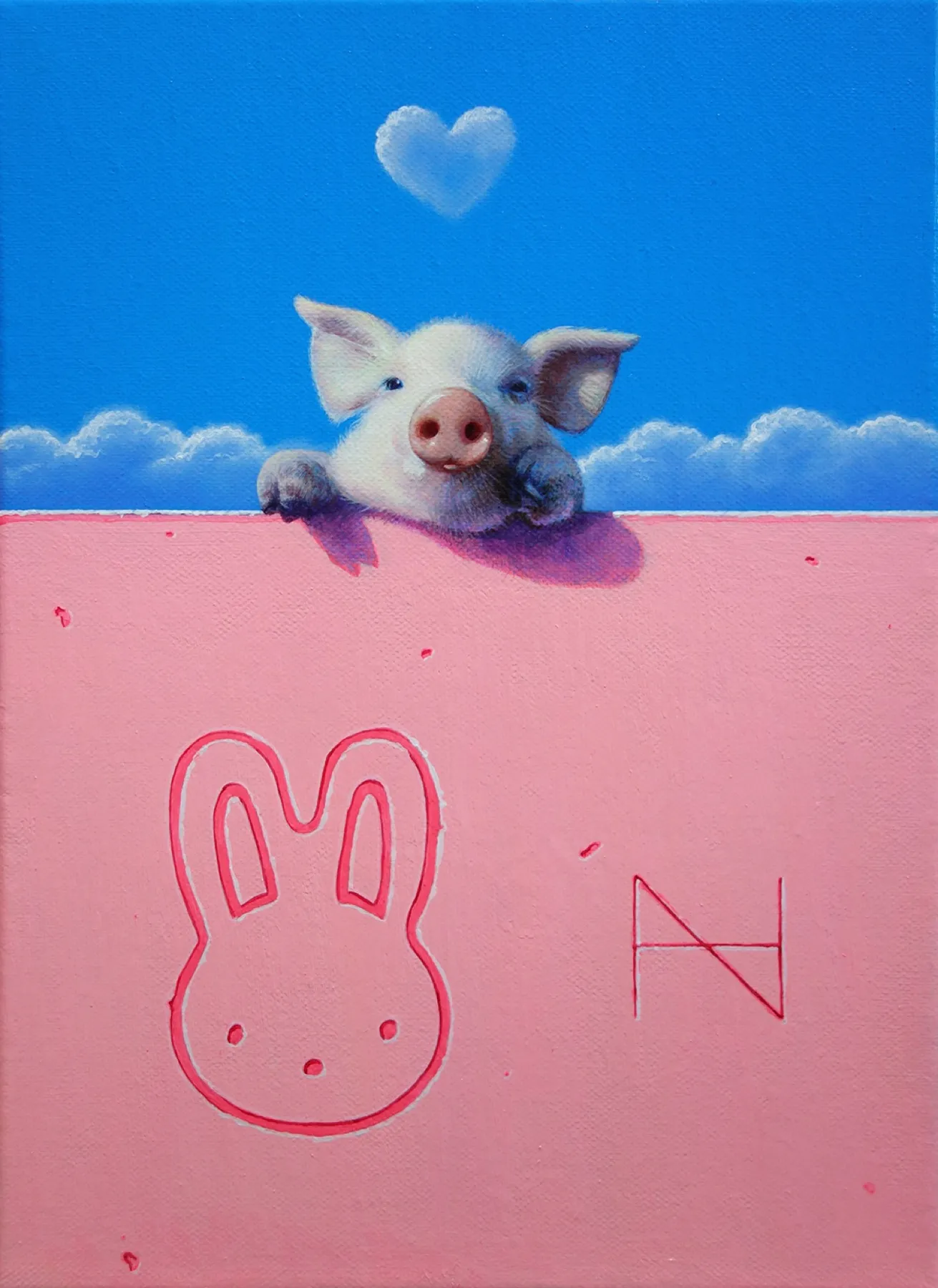 Olivia over the Wall (Cookie Cutter Friends - Pink Rabbit), oil and acrylic on canvas, 33.4x24.2cm