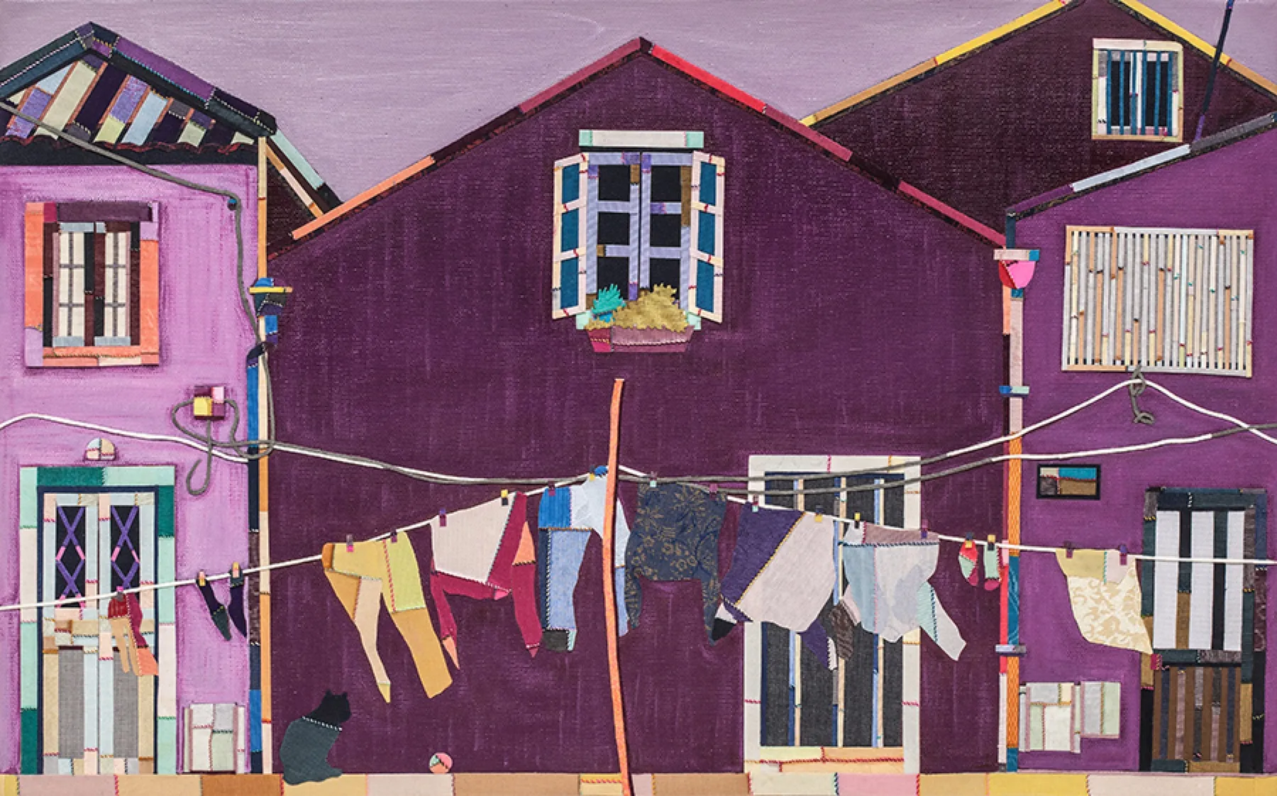 Landscape with Houses, 33×53cm, acrylic and stitched collage on canvas