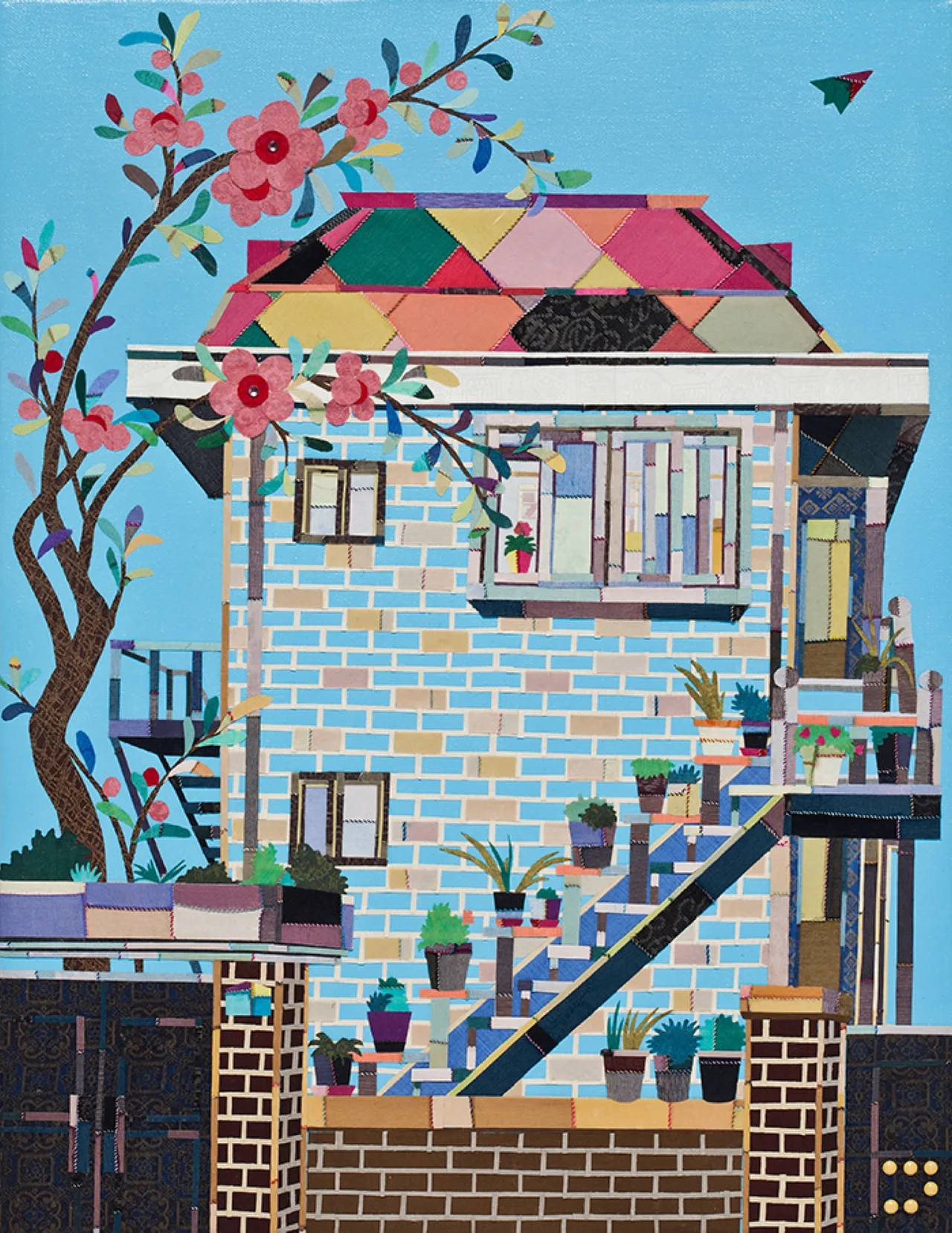 가화(家花), 53×41cm, 캔버스에 아크릴·바느질 콜라주·비즈