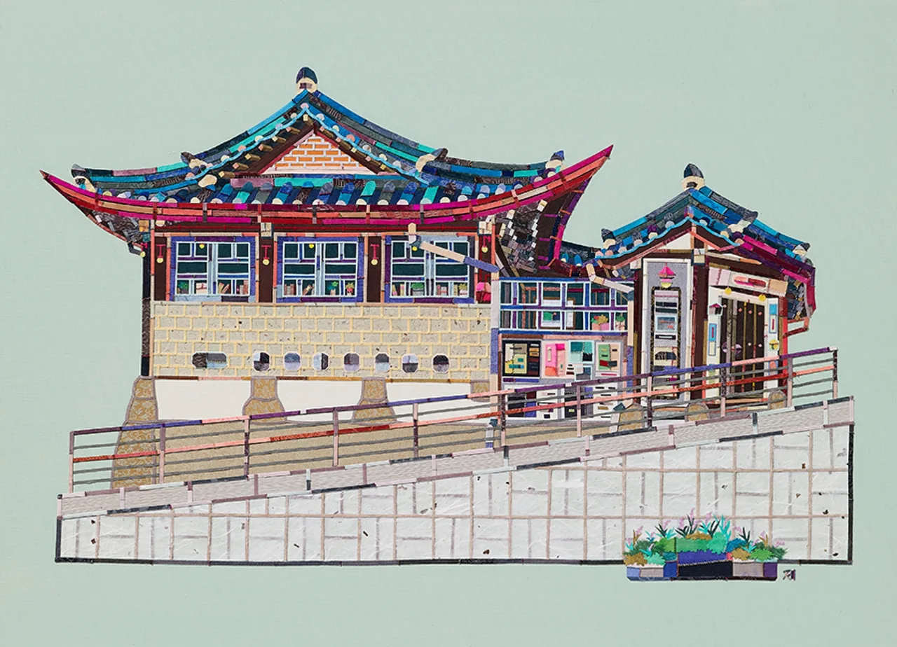 조각 풍경, 53×72.7cm, 캔버스에 아크릴·한지·바느질 콜라주